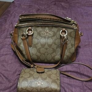 Coach Brown Signature Dome Satchel with Matching Brown Wallet